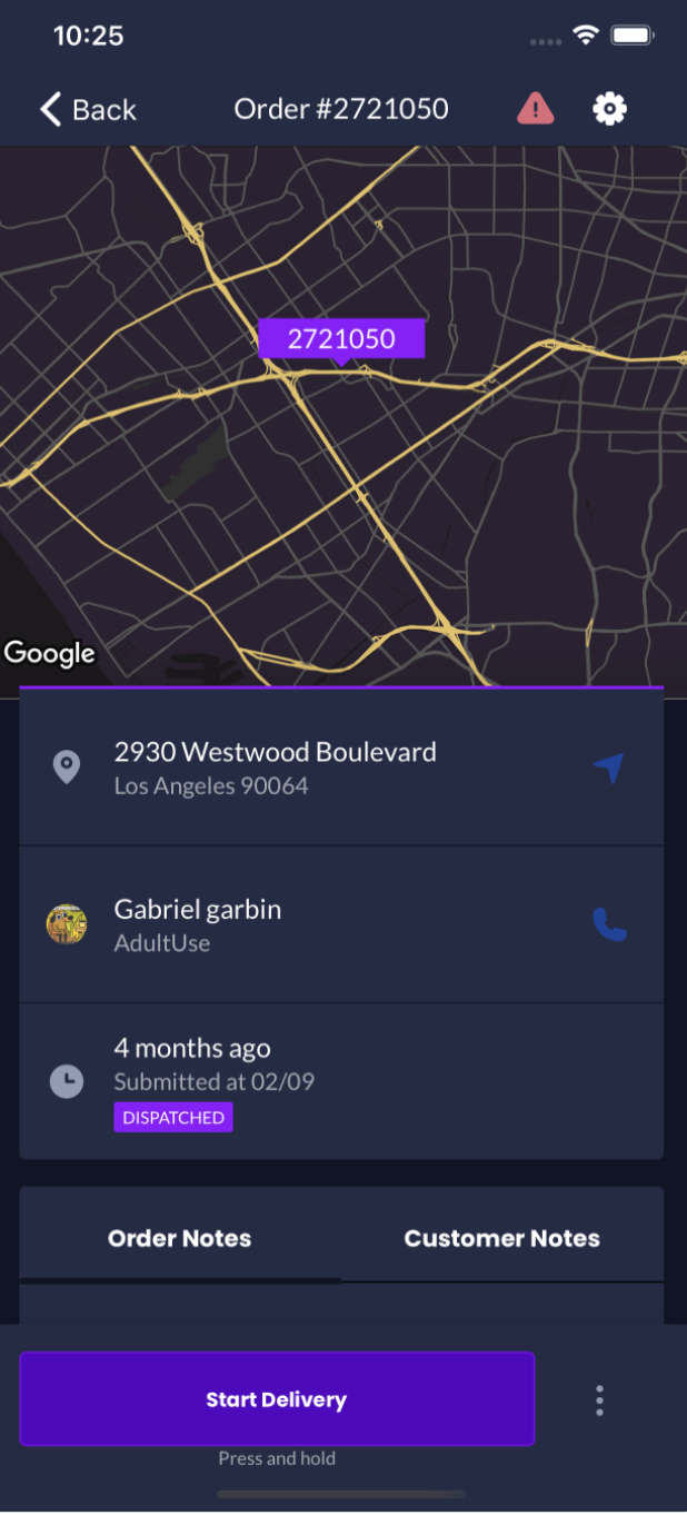 WebJoint Fleet order detail with delivery map and start delivery action