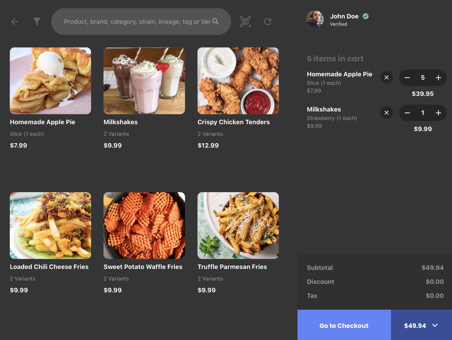 WebJoint POS product grid with cart and checkout summary