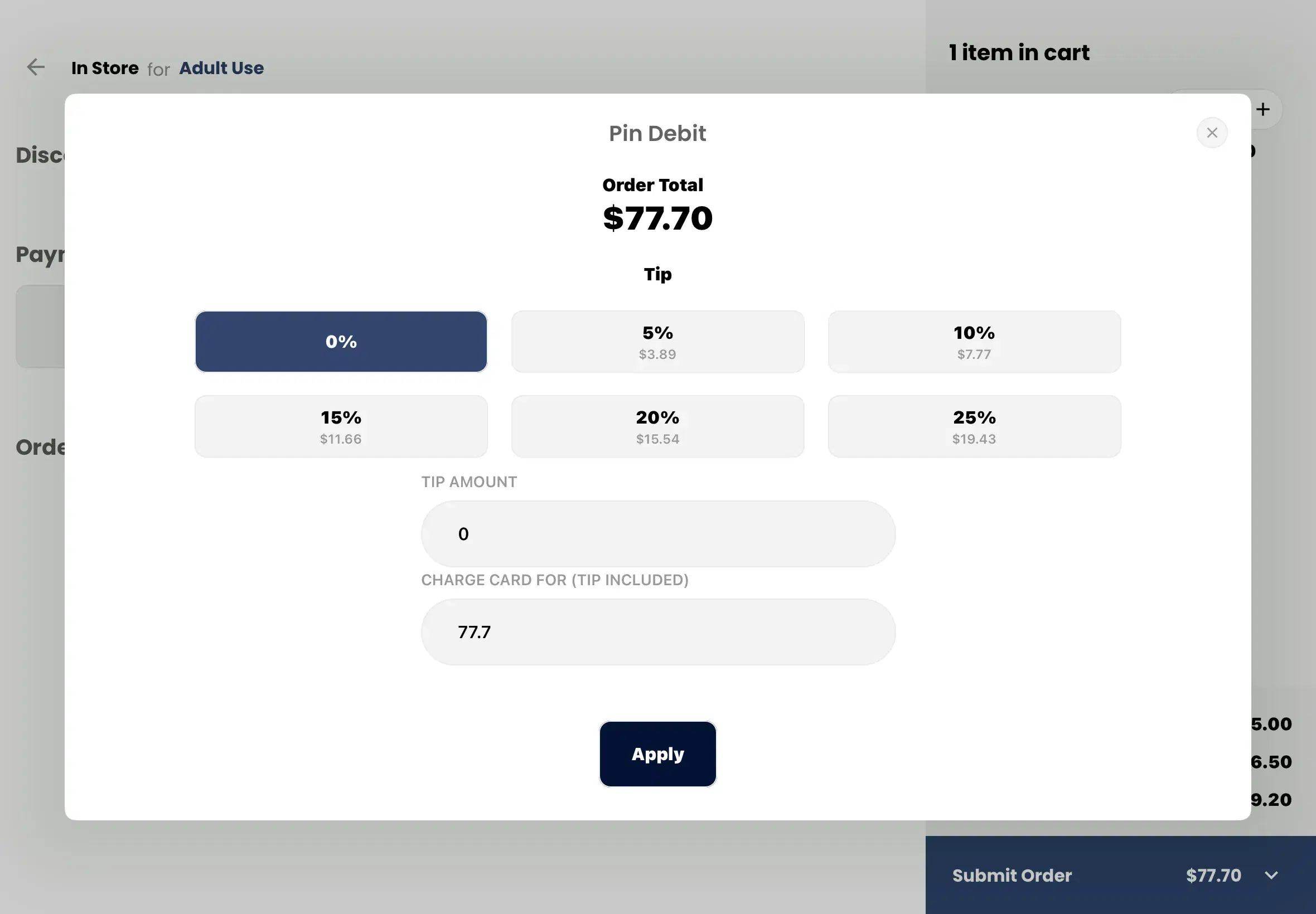 WebJoint POS pin debit payment dialog with tip options